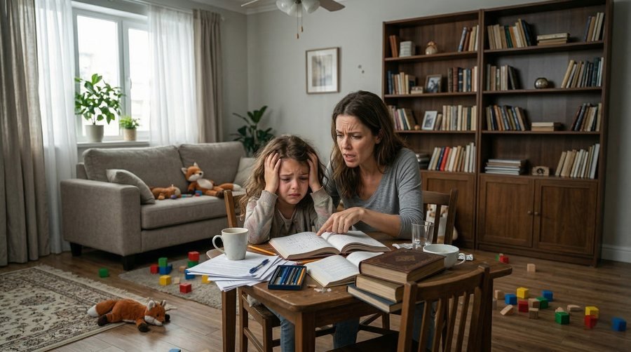 Mãe tentando explicar a lição para a filha, que está frustrada