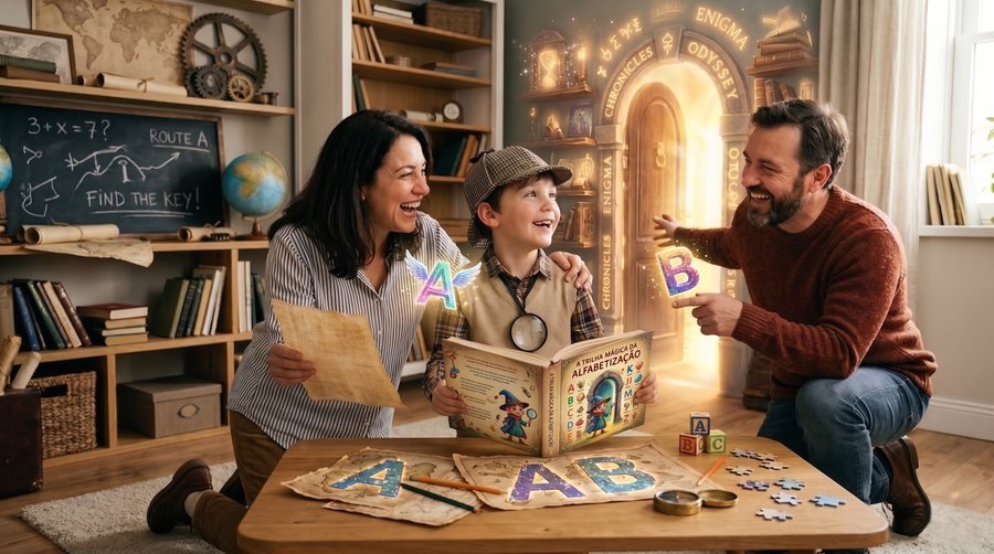 Família se divertindo junto durante uma atividade de leitura