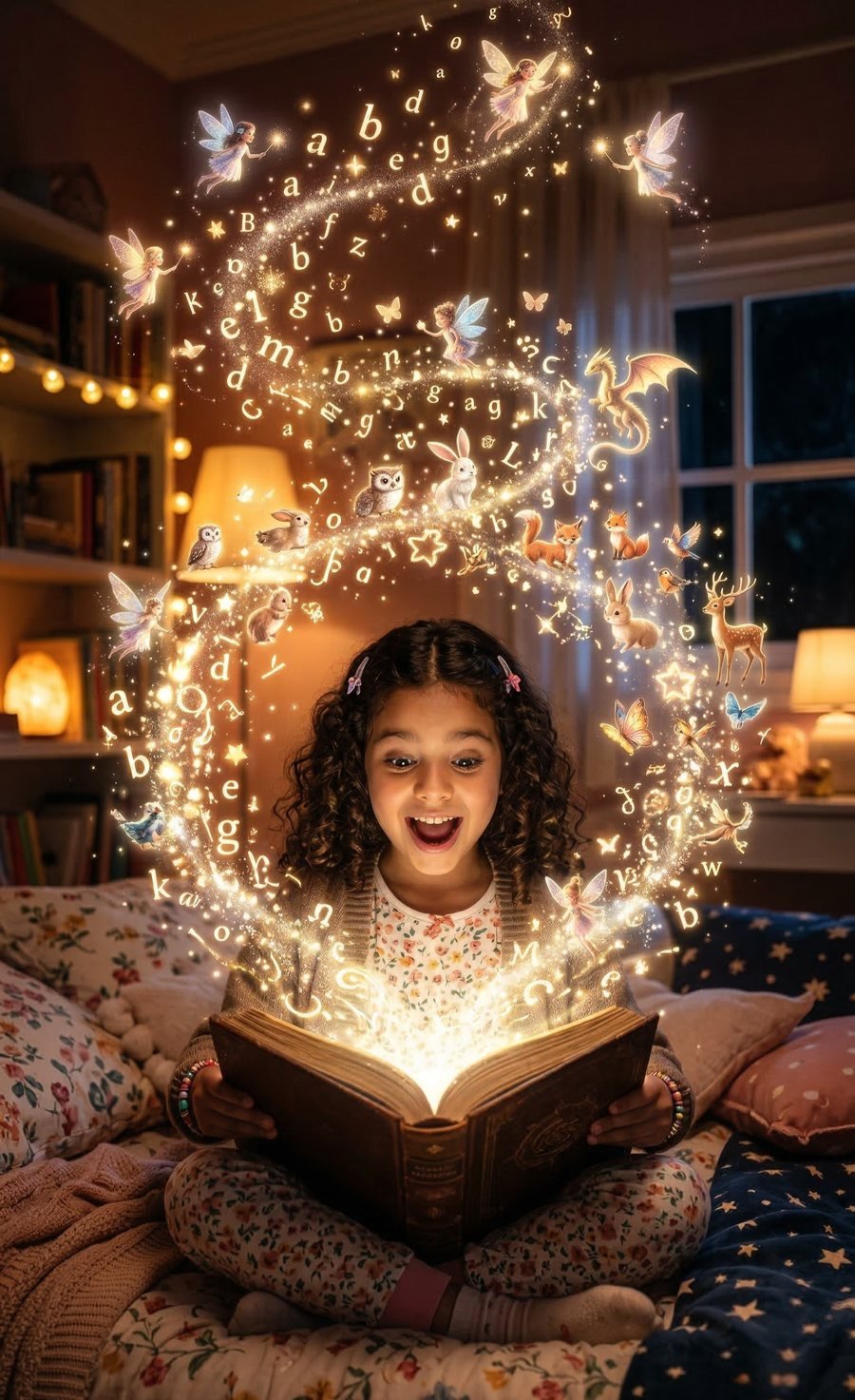 Menina lendo um livro do qual saem letras brilhantes